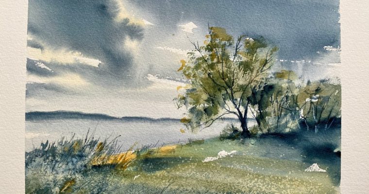 ציור אגם ועצים בצבעי מים